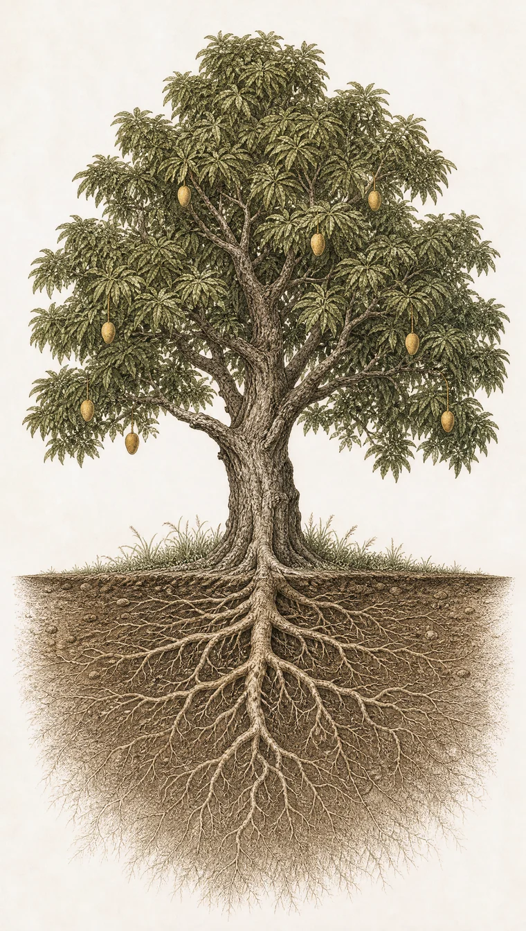 Un grabado botánico coloreado a mano de un árbol de mango maduro, de copa amplia y con algunos mangos dorados.